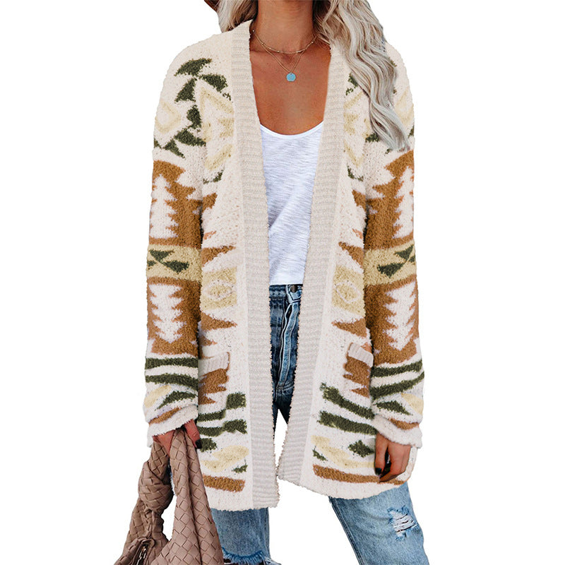 Wholesale Knitted Polyester Fiber Medium Length Sweater Cardigan